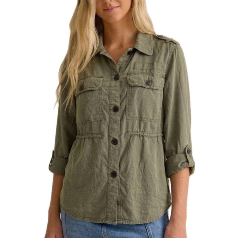 American Eagle Womens Cargo Pocket Shirt Jacket Size Small Olive Drapey Shacket